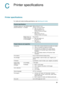 Page 91ENWW     89    
C
Printer specifications
Printer specifications
For media and media-handling specifications, see Selecting print media.
Physical specifications
Available models and 
physical dimensionsSize (width by depth 
by height)506 by 419 by 211 mm 
(19.9 by 16.5 by 8.3 inches)
zWith auto-duplex unit: 
506 by 464 by 211 mm 
(19.9 by 18.3 by 8.3 inches)
zWith tray 2: 
506 by 419 by 275 mm 
(19.9 by 16.5 by 10.8 inches)
Weight (does not 
include printheads 
or ink cartridges)9 kg (19.8 lb) 
zWith...