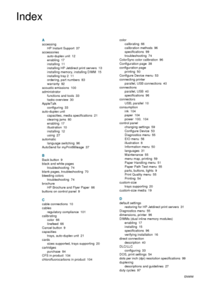 Page 108106    IndexENWW
Index
A
accessing
HP Instant Support
 37
accessories
auto-duplex unit
 12
enabling
 17
installing
 11
installing HP Jetdirect print servers
 13
installing memory, installing DIMM
 15
installing tray 2
 11
ordering, part numbers
 83
warranty
 92
acoustic emissions
 100
administrator
functions and tools
 33
tasks overview
 30
AppleTalk
configuring
 33
auto-duplex unit
capacities, media specifications
 21
clearing jams
 80
enabling
 17
illustration
 10
installing
 12
using
 27
automatic...