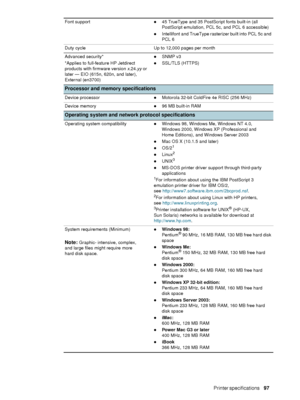 Page 99ENWWPrinter specifications     97    
Font supportz45 TrueType and 35 PostScript fonts built-in (all 
PostScript emulation, PCL 5c, and PCL 6 accessible)
zIntellifont and TrueType rasterizer built into PCL 5c and 
PCL 6
Duty cycle Up to 12,000 pages per month
Advanced security*
*Applies to full-feature HP Jetdirect 
products with firmware version x.24.yy or 
later — EIO (615n, 620n, and later), 
External (en3700)
zSNMP v3
zSSL/TLS (HTTPS)
Processor and memory specifications
Device processorzMotorola...