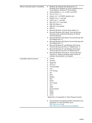 Page 10098    C - Printer specificationsENWW
Network operating system compatibility zWindows 98, Windows Me, Windows NT 4.0, 
Windows 2000, Windows XP 32-bit (Professional and 
Home Editions), Windows XP 64-bit Edition
zNovell NetWare 4.x, 5.x, 6, NDS, and NDPS
zHP-UX 10.20, 11.x
zSolaris, 2.6, 7, 8 (SPARC systems only)
zRedHat Linux 7.1 and later
zSuSE Linux 7.1 and later
zMac OS X (10.1.5 and later)
zIBM OS/2 Warp 4.x*
zIBM AIX 3.2.5 and later*
zMPE-iX*
zMicrosoft Windows Terminal Server Edition 4.0
zMicrosoft...