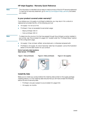 Page 9694    B - Support and warrantyENWW
HP Inkjet Supplies - Warranty Quick Reference
NoteThis information is intended to be an easy-to-read summary of the full HP warranty statement. 
To read the full warranty statement, go to www.hp.com/support/inkjet_warranty and select 
your supply. 
Is your product covered under warranty?
If you believe your ink supply or printhead is defective, you may return it for a refund or 
replacement provided that ALL of the following are true:
zInk supply: It is not out of ink....