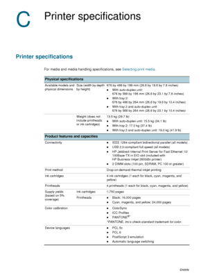 Page 9896    C - Printer specificationsENWW
C
Printer specifications
Printer specifications
For media and media-handling specifications, see Selecting print media.
Physical specifications
Available models and 
physical dimensionsSize (width by depth 
by height)676 by 498 by 199 mm (26.6 by 19.6 by 7.8 inches)
zWith auto-duplex unit: 
676 by 588 by 199 mm (26.6 by 23.1 by 7.8 inches)
zWith tray 2: 
676 by 498 by 264 mm (26.6 by 19.6 by 10.4 inches)
zWith tray 2 and auto-duplex unit: 
676 by 588 by 264 mm (26.6...