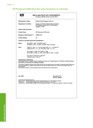 Page 151
HP Photosmart C4200 All-in-One series declaration of conformity
Chapter 15
148 Technical information
Technical information
 