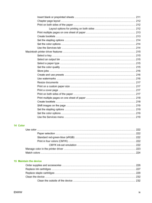 Page 11
Insert blank or preprinted sheets ..................................................................................... 211
Chapter page layout ........................................................................................................ 212
Print on both sides of the paper ....................................................................................... 212 Layout options for printing on both sides ........................................................ 212
Print multiple pages on one...