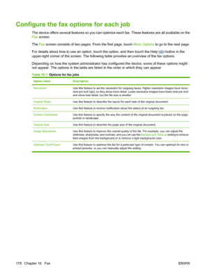 Page 192
Configure the fax options for each job
The device offers several features so you can optimize each fax. These features are all available on the
Fax  screen.
The  Fax screen consists of two pages . From the first page, touch More Options to go to the next page.
For details about how to use an option, touch the option, and then touch the Help (
) button in the
upper-right corner of the screen. The following  table provides an overview of the fax options.
Depending on how the system  administrator has...