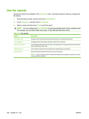 Page 196
Use fax reports
Several fax reports are available in the Information menu. Use these reports to help you manage the
fax feature.
1. From the Home screen, scroll to and touch  Administration.
2. Touch  Information , and then touch  Fax Reports.
3. Select a report and then touch  Print to print the report.
NOTE: You can configure the  Fax Call Report to print automatically when certain conditions exist.
For example, you can print it after any fax  job, or only after jobs that have errors.
Table 10-2  Fax...
