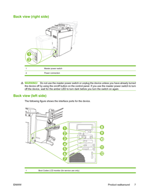 Page 21
Back view (right side)
1Master power switch
2 Power connection
WARNING!Do not use the master power switch or unp lug the device unless you have already turned
the device off by using the on/off button on the contro l panel. If you use the master power switch to turn
off the device, wait for the amber LED to turn dark before you turn the switch on again.
Back view (left side)
The following figure shows the interface ports for the device.
1 Boot Codes LCD monitor (for service use only)
ENWW Product...