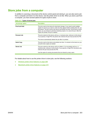 Page 217
Store jobs from a computer
In addition to scanning a document at the device control panel and storing it, you can also send a job
from a computer and store it on the device. Use the  printer driver to do this. When you store a job from
a computer, you have several option s for types of jobs to store.
Table 12-1  Types of stored jobs
Job-storage optionDescription
Proof and HoldThe job is sent to the device for short-term storage. If you need to print multiple
copies of a job but you want to verify ho w...