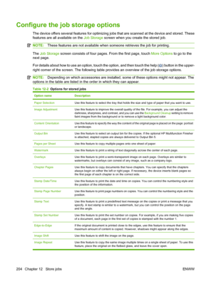 Page 218
Configure the job storage options
The device offers several features for optimizing jobs that are scanned at the device and stored. These
features are all available on the Job Storage screen when you create the stored job.
NOTE:These features are not available when someone retrieves the job for printing.
The Job Storage  screen consists of four page s. From the first page, touch More Options to go to the
next page.
For details about how to use an option, touch the option, and then touch the help (
)...