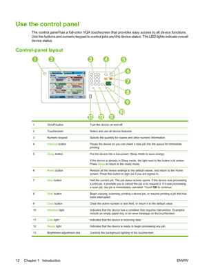 Page 26
Use the control panel
The control panel has a full-color VGA touchscreen that provides easy access to all device functions.
Use the buttons and numeric keypad to control jobs an d the device status. The LED lights indicate overall
device status.
Control-panel layout
1On/off buttonTurn the device on and off.
2TouchscreenSelect and use all device features.
3Numeric keypadSpecify the quantity for copies and other numeric information.
4Interrupt  buttonPause the device so you can insert a  new job into the...