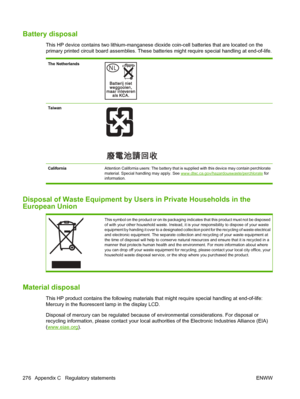 Page 290
Battery disposal
This HP device contains two lithium-manganese dioxide coin-cell batteries that are located on the
primary printed circuit board assemblies. These batt eries might require special handling at end-of-life.
The Netherlands
Taiwan
California Attention California users: The battery that is  supplied with this device may contain perchlorate
material. Special handling may apply. See www.dtsc.ca.gov/hazardouswaste/perchlorate  for
information.
Disposal of Waste Equipment by U sers in Private...