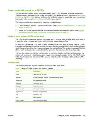 Page 59
Import e-mail addresses from a .CSV file
You can import addresses from a comma-separated value (.CSV) file that is stored on the network.
These addresses are stored on the device hard  disk and are available when a user selects the Shared
Contacts  or the All Contacts  address book view. If a contact is private for a particular user, that address
is available in the users  Personal Contacts when the user signs in.
The following methods are available for importing e-mail addresses:
● Create an e-mail...