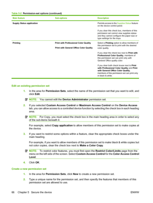 Page 80
Main featureSub-optionsDescription
Supply Status application Permits access to the Supplies Status feature
on the device control panel.
If you clear this check box, members of this
permission set cannot view supplies status
and they cannot configure the paper size or
type settings for the trays.
Printing Print with Professional Color Quality
Print with General Office Color Quality Select a 
Printing option to allow members of
this permission set to print with the desired
color quality.
If you clear the...