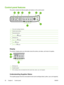 Page 32
Control panel features
The printer contains the following lights and buttons on the control panel:
1
1Color print cartridge indicators
2Attention light (amber)
3Ready light (green)
4Cancel Job  button
5Message area
6Right arrow   button
7Select  button
8Left arrow   button
Display
The printer’s display gives you information about the printer, job status, and levels of supplies.
1Message area
2Supplies gauges
3Print cartridge colors are indicated from left to right: black, yellow, cyan, and magenta...