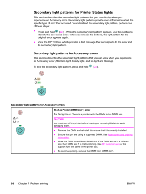 Page 108Secondary light patterns for Printer Status lights
This section describes the secondary light patterns that you can display when you
experience an Accessory error. Secondary light patterns provide more information about the
specific type of error that occurred. To understand the secondary light pattern, perform one
of these steps:
●
Press and hold 
 (GO) . When the secondary light pattern appears, use this section to
identify the associated error. When you release the buttons, the light pattern for the...