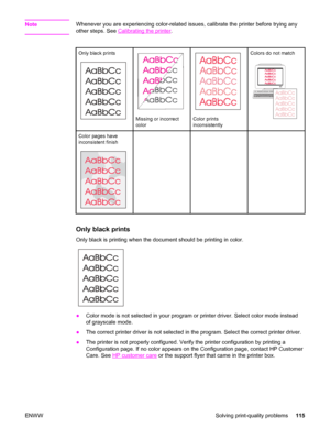 Page 125NoteWhenever you are experiencing color-related issues, calibrate the printer before trying any
other steps. See 
Calibrating the printer.
Only black prints
Missing or incorrect
colorColor prints
inconsistently
Colors do not match
Color pages have
inconsistent finish
Only black prints
Only black is printing when the document should be printing in color.
●Color mode is not selected in your program or printer driver. Select color mode instead
of grayscale mode.
●The correct printer driver is not selected...