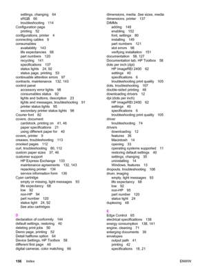 Page 166settings, changing 64
sRGB 66
troubleshooting 114
Configuration page
printing 52
configurations, printer 4
connecting cables 9
consumables
availability 143
life expectancies 68
part numbers 120
recycling 141
specifications 137
status lights 24, 92
status page, printing 53
continuable attention errors 97
contracts, maintenance 132, 143
control panel
accessory error lights 98
consumables status 92
lights and buttons, description 23
lights and messages, troubleshooting 91
printer status lights 95
secondary...