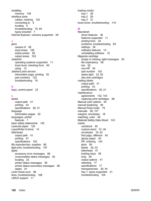 Page 168installing
memory 148
interface ports
cables, ordering 122
connecting to 9
locating 9
troubleshooting 79, 84
types included 7
Internet Explorer, versions supported 55
J
jams
causes of 99
input areas 100
inside printer 99
output areas 102
Jetadmin
operating systems supported 11
toner level, checking from 69
using 13
Jetdirect print servers
information page, printing 52
part numbers 122
troubleshooting 76
K
keys, control panel 23
L
labels
output path 41
printing 43
specifications 20, 21
language...