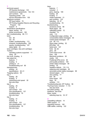 Page 172T
technical support
HP Express Exchange 133
maintenance agreements 132, 143
part numbers 120
repacking printer 134
service information form 136
telephone numbers
HP fraud hotline 70
HP Printing Supplies Returns and Recycling
Program 142
support iii
temperature specifications
paper, storing 18
printer environment 138
text, troubleshooting 80, 111
toner
low 92
out 93
scatter, troubleshooting 113
smeared, troubleshooting 109
specks, troubleshooting 107
status lights 24
toner cartridges. See print...