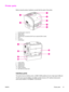 Page 19Printer parts
Before using the printer, familiarize yourself with the parts of the printer.
3
4
5
1
2
6
7
1 top (face-down) output bin
2 power switch
3 optional tray 3
4 optional tray 2 (included with HP color LaserJet 2550n model)
5 tray 1
6 top cover
7 control panel
12
7
8
9
1011
7 control panel
8 interface ports
9 optional tray 2
10 optional tray 3
11 power connector
12 rear (face-up) output door
Interface ports
The printer has two interface ports: an IEEE-1284B parallel port and a high-speed USB...