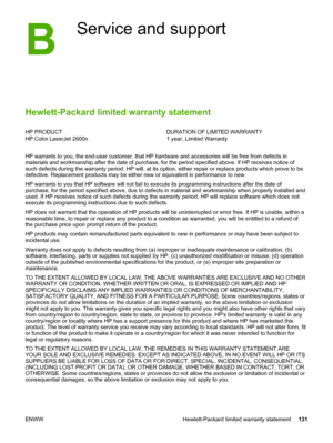 Page 141
Service and support
Hewlett-Packard limited warranty statement
HP PRODUCT
HP Color LaserJet 2600nDURATION OF LIMITED WARRANTY
1 year, Limited Warranty
HP warrants to you, the end-user customer, that HP  hardware and accessories will be free from defects in
materials and workmanship after the date of purchase, for  the period specified above. If HP receives notice of
such defects during the warranty period, HP will, at its  option, either repair or replace products which prove to be
defective....