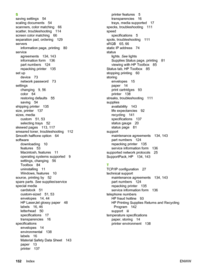 Page 162
S
saving settings 54
scaling documents 54
scanners, color matching 66
scatter, troubleshooting 114
screen color matching 66
separation pad, ordering 129
serversinformation page, printing 80
service agreements 134, 143
information form 136
part numbers 124
repacking printer 135
set up device 73
network password 73
settings changing 9, 56
color 64
restoring defaults 55
saving 54
shipping printer 135
size, printer 137
sizes, media custom 51, 53
selecting trays 52
skewed pages 113, 117
smeared toner,...