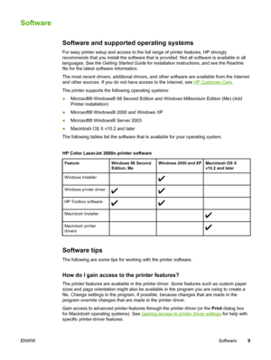 Page 19
Software
Software and supported operating systems
For easy printer setup and access to the full range of printer features, HP strongly
recommends that you install the software that is  provided. Not all software is available in all
languages. See the  Getting Started Guide  for installation instructions, and see the Readme
file for the latest software information.
The most recent drivers, additional drivers, and  other software are available from the Internet
and other sources. If you do not  have...