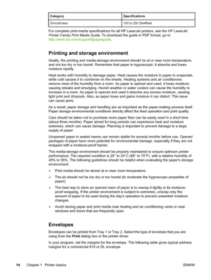 Page 24
CategorySpecifications
Smoothness100 to 250 Sheffield
For complete print-media specifications for all HP LaserJet printers, see the HP LaserJet
Printer Family Print Media Guide . To download the guide in PDF format, go to
http://www.hp.com/support/ljpaperguide .
Printing and storage environment
Ideally, the printing and media-storage environment should  be at or near room temperature,
and not too dry or too humid. Remember  that paper is hygroscopic; it absorbs and loses
moisture rapidly.
Heat works...