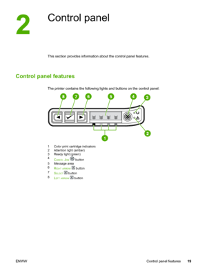 Page 29
Control panel
This section provides information about the control panel features.
Control panel features
The printer contains the following lights and buttons on the control panel:
1
1 Color print cartridge indicators
2 Attention light (amber)
3 Ready light (green)
4
C
ANCEL JOB  button
5 Message area
6 R
IGHT ARROW  button
7 S
ELECT  button
8 L
EFT ARROW  button
ENWW Control panel features19
 