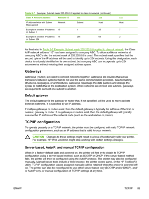 Page 101
Class A Network AddressNetwork 15xxxxxxxxx
IP Address fields with Subnet
Mask appliedNetworkSubnetHostHost
Example of a node’s IP Address
on Subnet 1151257
Example of a node’s IP Address
on Subnet 25415 254 64 2
As illustrated in Table 8-7 Example: Subnet mask 255.255.0.0 applied to class A network
, the Class
A IP network address “15” has been assigned to company ABC. To allow additional networks at
company ABC’s site, the subnet mask of 255.255.0.0 is used. This subnet mask specifies that the
second...