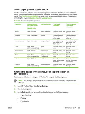 Page 109
Select paper type for special media
Use the guidelines in following table when printing on special media. If printing on a special type of
media, printing speeds might be automatically reduced to improve the output quality for that specific
media. See 
Print-media specifications for media that is recommended for this printer. For instruction
on loading the trays, see 
Loading Tray 1  or Loading Tray 2.
Table 9-1    Special media printing guidelines
Paper typeMaximum amount
that can be loaded
into Tray...