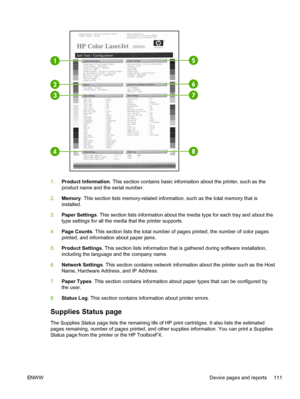 Page 123
1.Product Information . This section contains basic information about the printer, such as the
product name and the serial number.
2. Memory . This section lists memory-related information, such as the total memory that is
installed.
3. Paper Settings . This section lists information about the media type for each tray and about the
type settings for all the media that the printer supports.
4. Page Counts . This section lists the total number of pages printed, the number of color pages
printed, and...