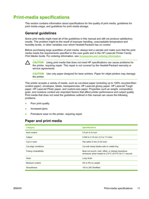 Page 23
Print-media specifications
This section contains information about specifications for the quality of print media, guidelines for
print media usage, and guidelines for print media storage.
General guidelines
Some print media might meet all of the guidelines in this manual and still not produce satisfactory
results. This problem might be the result of improper handling, unacceptable temperature and
humidity levels, or other variables over which Hewlett-Packard has no control.
Before purchasing large...