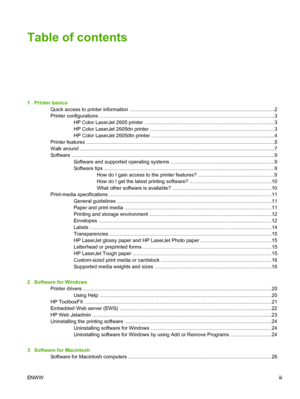 Page 5
Table of contents
1   Printer basicsQuick access to printer information ........................................................................\
................... .............2
Printer configurations ......................... ............................................................................... ......................3
HP Color LaserJet 2605 printer .............................................................................................3
HP Color LaserJet 2605dn printer...