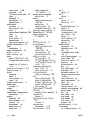 Page 224
custom-sized 16, 54
envelopes 12, 52
HP LaserJet glossy paper 15
labels 14
letterhead 15
specifications 16
transparencies 15
specifications envelopes 12
environmental 195
labels 14
Material Safety Data Sheet 202
paper 11
printer 194
printer features 5
transparencies 15
trays, media supported 16
specks, troubleshooting 157
speed
specifications 5
spots, troubleshooting 157
sRGB 65, 67, 99
static IP address 100
status alerts, HP ToolboxFX 116
Supplies Status page, printing
111
viewing with HP ToolboxFX...