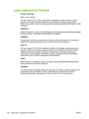 Page 166Laser statement for Finland
Luokan 1 laserlaite
Klass 1 Laser Apparat
HP Color LaserJet 2700, 2700n, laserkirjoitin on käyttäjän kannalta turvallinen luokan 1
laserlaite. Normaalissa käytössä kirjoittimen suojakotelointi estää lasersäteen pääsyn
laitteen ulkopuolelle. Laitteen turvallisuusluokka on määritetty standardin EN 60825-1 (1994)
mukaisesti.
VAROITUS !
Laitteen käyttäminen muulla kuin käyttöohjeessa mainitulla tavalla saattaa altistaa käyttäjän
turvallisuusluokan 1 ylittävälle näkymättömälle...