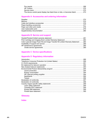 Page 16Fax reports ......................................................................................................................268
HP Toolbox .....................................................................................................................270
Service menu ..................................................................................................................270
The device control panel display has black lines or dots, or becomes blank ................272
Appendix A...