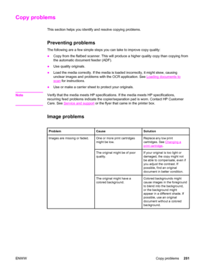 Page 267Copy problems
This section helps you identify and resolve copying problems.
Preventing problems
The following are a few simple steps you can take to improve copy quality:
●Copy from the flatbed scanner. This will produce a higher quality copy than copying from
the automatic document feeder (ADF).
●Use quality originals.
●Load the media correctly. If the media is loaded incorrectly, it might skew, causing
unclear images and problems with the OCR application. See 
Loading documents to
scan for...