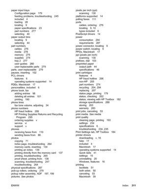 Page 327paper input trays
Configuration page 179
feeding problems, troubleshooting 245
included 4
loading 28
locating 9
paper specifications 23
part numbers 277
selecting 40
paper output bins
locating 9
selecting 44
part numbers
cables 276
media 278
memory 275
supplies 274
tray 2 277
user guides 280
user-replaceable parts 279
parts, user-replaceable 279
pauses, inserting 102
PCL drivers
features 6
operating systems supported 14
PDEs, Macintosh 17
personalities, included 6
phone book, fax
adding entries 98...