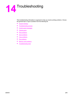 Page 22714
Troubleshooting
This troubleshooting information is organized to help you resolve printing problems. Choose
the general topic or type of problem from the following list.
●
Support strategy
●
Troubleshooting process
●
Control panel messages
●
Clearing jams
●
Print problems
●
Scan problems
●
Copy problems
●
Fax problems
●
Memory card problems
●
Troubleshooting tools
ENWW211
 