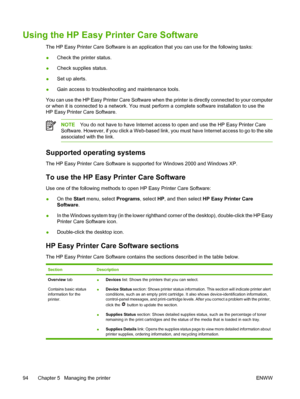 Page 108Using the HP Easy Printer Care Software
The HP Easy Printer Care Software is an application that you can use for the following tasks:
● Check the printer status.
● Check supplies status.
● Set up alerts.
● Gain access to troubleshooting and maintenance tools.
You can use the HP Easy Printer Care Software when the printer is directly connected to your computer
or when it is connected to a network. You must  perform a complete software installation to use the
HP Easy Printer Care Software.
NOTE You do not...