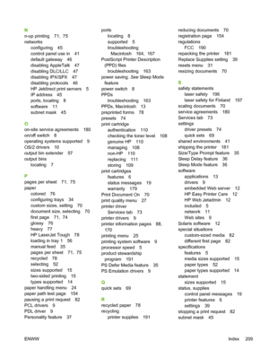 Page 223N
n-up printing 71,  75
networksconfiguring 45
control panel use in 41
default gateway 46
disabling AppleTalk 47
disabling DLC/LLC 47
disabling IPX/SPX 47
disabling protocols 46
HP Jetdirect print servers 5
IP address 45
ports, locating 8
software 11
subnet mask 45
O
on-site service agreements 180
on/off switch 8
operating systems supported 9
OS/2 drivers 10
output bin extender 57
output bins locating 7
P
pages per sheet 71,  75
paper colored 76
configuring trays 34
custom sizes, setting 70
document...