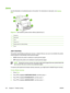 Page 150Jams
Use this illustration to troubleshoot jams in th e printer. For instructions to clear jams, see Clearing
jams.
1
2
3
4
5
6
Figure 8-1  Jam locations (printer shown without optional tray 3)
1Output bin
2Paper path
3Tray 1
4Trays 2 or 3
5Duplex path (for 2-sided printing)
6Fuser
Jam recovery
This printer automatically provides jam recovery, a feature that you can use to set whether the printer
should attempt to automatically reprint jammed pages.
● AUTO
 instructs the printer to attempt to reprint...