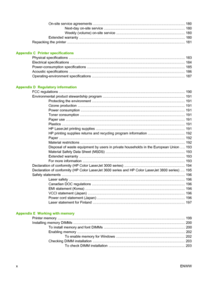 Page 12On-site service agreements ............................................................................................. 180Next-day on-site service .................................................................................. 180
Weekly (volume) on-site service ..................................................................... 180
Extended warranty ........................................................................................................... 1 80
Repacking the printer...