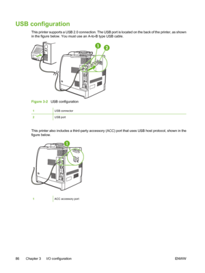 Page 102
USB configuration
This printer supports a USB 2.0 connection. The USB port is located on the back of the printer, as shown
in the figure below. You must use an A-to-B type USB cable.
Figure 3-2   USB configuration
1USB connector
2USB port
This printer also includes a third-party accessory (ACC) port that uses USB host protocol, shown in the
figure below.
1ACC accessory port
86 Chapter 3   I/O configuration ENWW
 