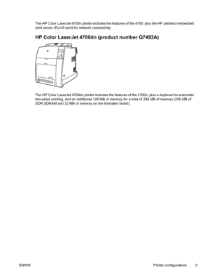 Page 21
The HP Color LaserJet 4700n printer includes the features of the 4700, plus the HP Jetdirect embedded
print server (RJ-45 port) for network connectivity.
HP Color LaserJet 4700dn (product number Q7493A)
The HP Color LaserJet 4700dn printer includes the features of the 4700n, plus a duplexer for automatic
two-sided printing, and an additional 128 MB of memory for a total of 288 MB of memory (256 MB of
DDR SDRAM and 32 MB of memory on the formatter board).
ENWW Printer configurations 5
 