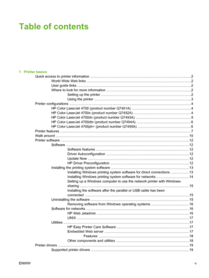 Page 7
Table of contents
1   Printer basicsQuick access to printer information ........................................................................................... ............2
World Wide Web links .......................................................................................................... .2
User guide links .............................................................................................................. ......2
Where to look for more information...