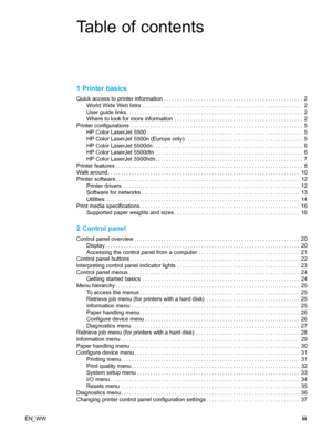 Page 5Table of contents
1 Printer basics
Quick access to printer information .................................................... 2World Wide Web links ............................................................ 2
User guide links.................................................................. 2
Where to look for more information ................................................ 2
Printer configurations ................................................................ 5 HP Color LaserJet 5500...