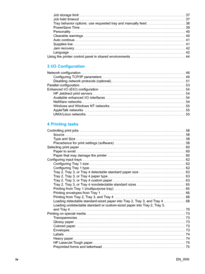 Page 6Job storage limit ................................................................ 37
Job held timeout ................................................................ 37
Tray behavior options: use requested tray and manually feed ....................... 38
PowerSave Time................................................................ 39
Personality ..................................................................... 40
Clearable warnings.............................................................. 40...