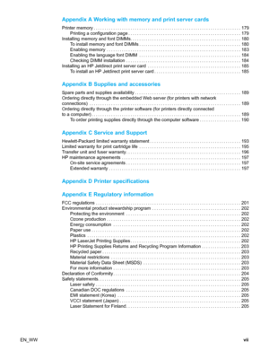 Page 9Appendix A Working with memory and print server cards
Printer memory.................................................................... 179Printing a configuration page.................................................... 179
Installing memory and font DIMMs. . . . . . . . . . . . . . . . . . . . . . . . . . . . . . . . . . . . . . . . . . . . . . . . . . . 180 To install memory and font DIMMs............................................... 180
Enabling memory...